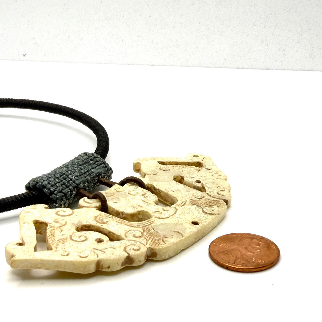 Hand Carved Cream Stone Chinese Dragon Huang Necklace