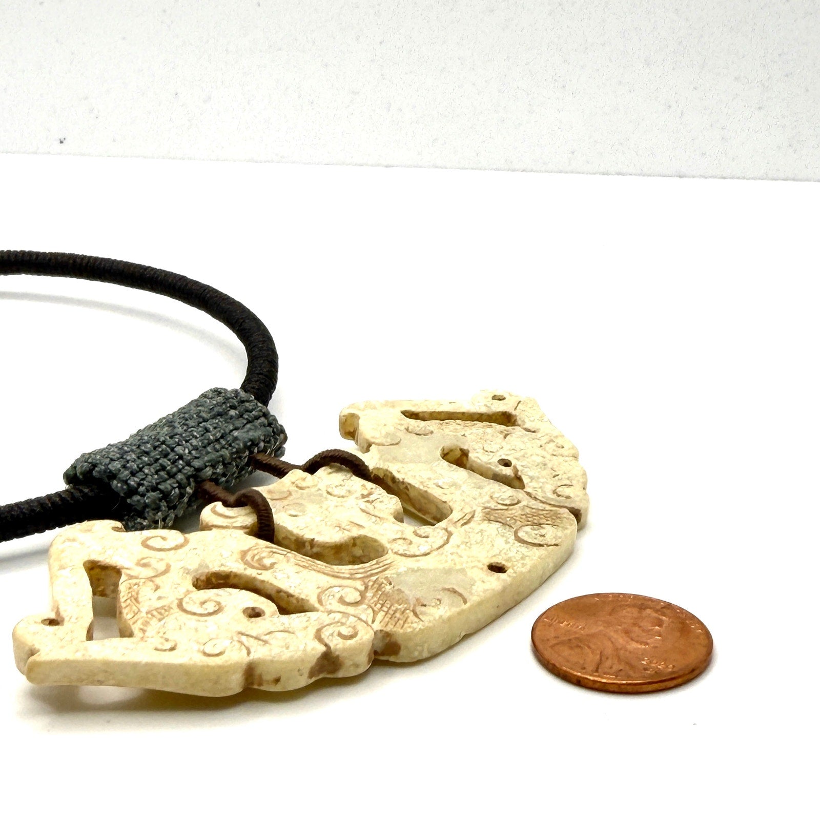 Hand Carved Cream Stone Chinese Dragon Huang Necklace