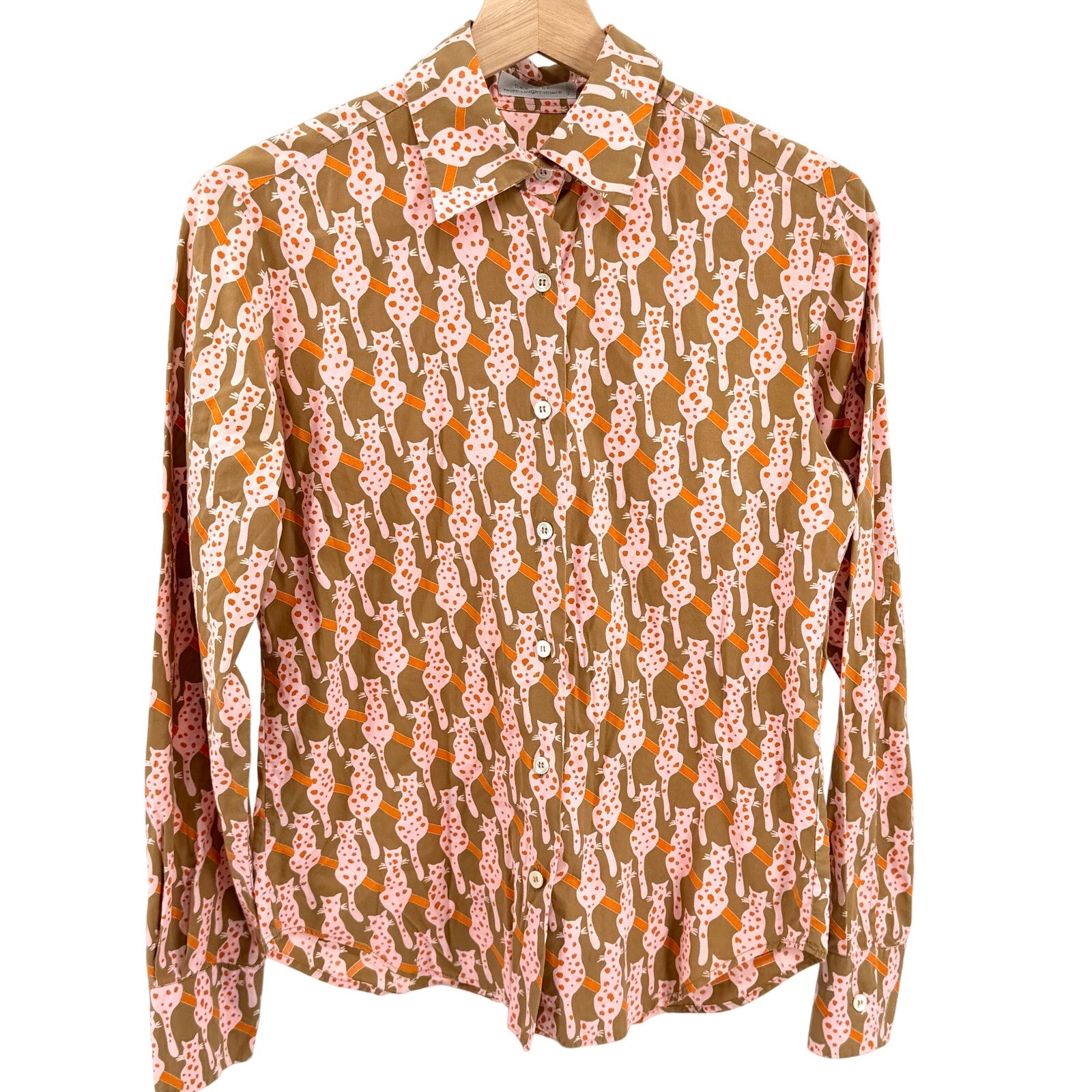 Vintage Y2K Barneys New York Taste Luxury Humor Pink Cat Print Button Down Shirt