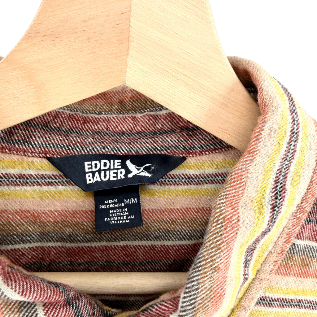 Eddie Bauer Brown Red Yellow Striped 100% Cotton Flannel Workshirt