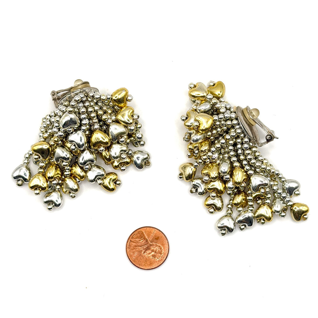 Vintage 80s Two Tone Cascade Puffy Heart Waterfall Fringe Clip On Earrings