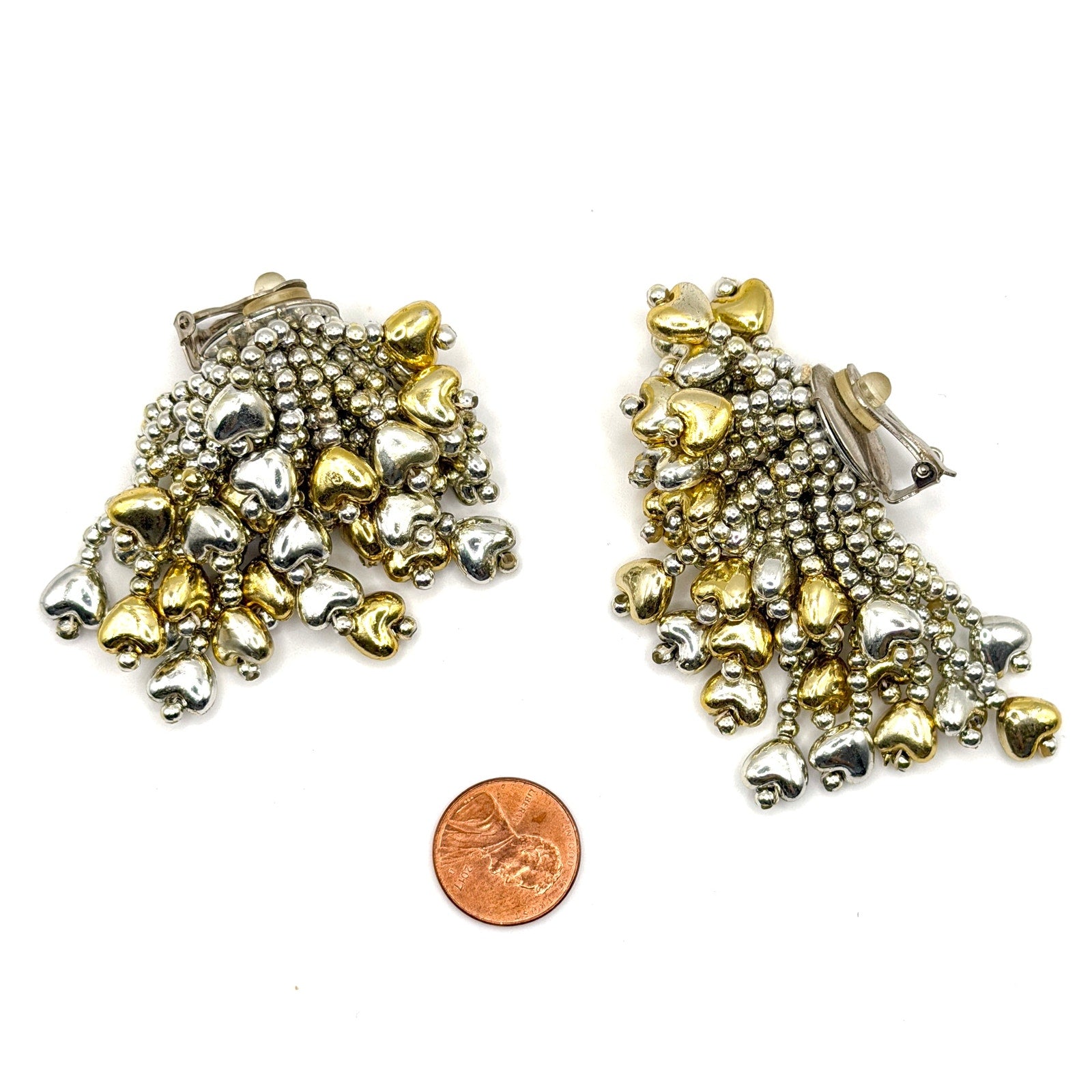 Vintage 80s Two Tone Cascade Puffy Heart Waterfall Fringe Clip On Earrings
