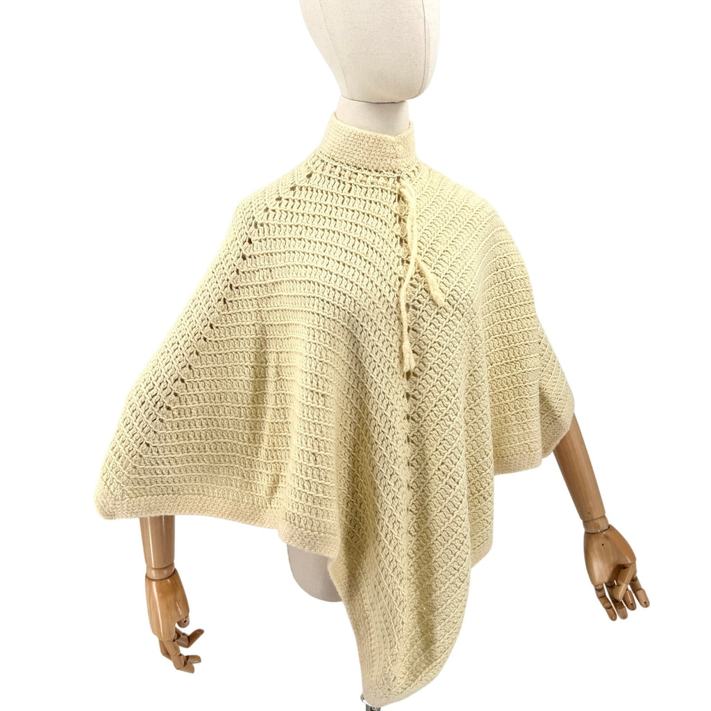 Vintage 70s Cream Hand Crocheted High Neck Tie Poncho