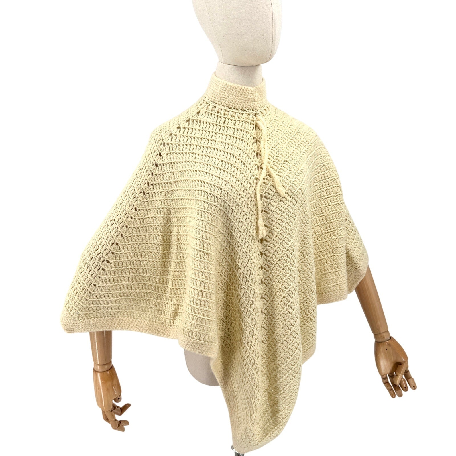Vintage 70s Cream Hand Crocheted High Neck Tie Poncho