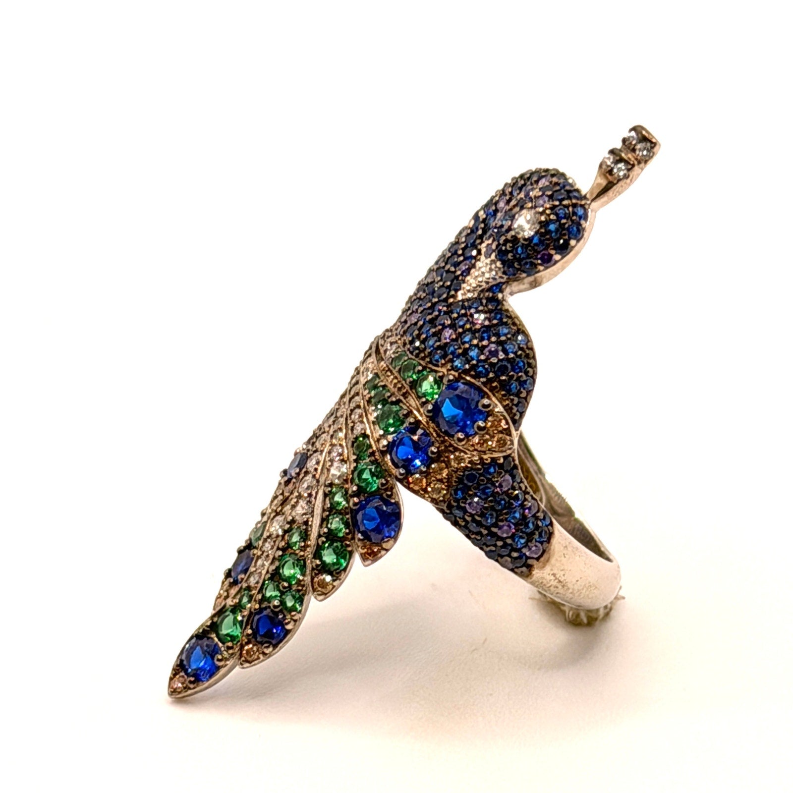 Vintage Y2K Stamped Sterling Silver Multicolored Pave Peacock Statement Ring