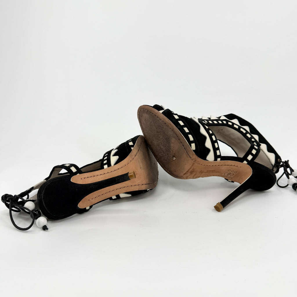 Sophia Webster Black White Genuine Suede Riko Lace Up Stiletto Sandals