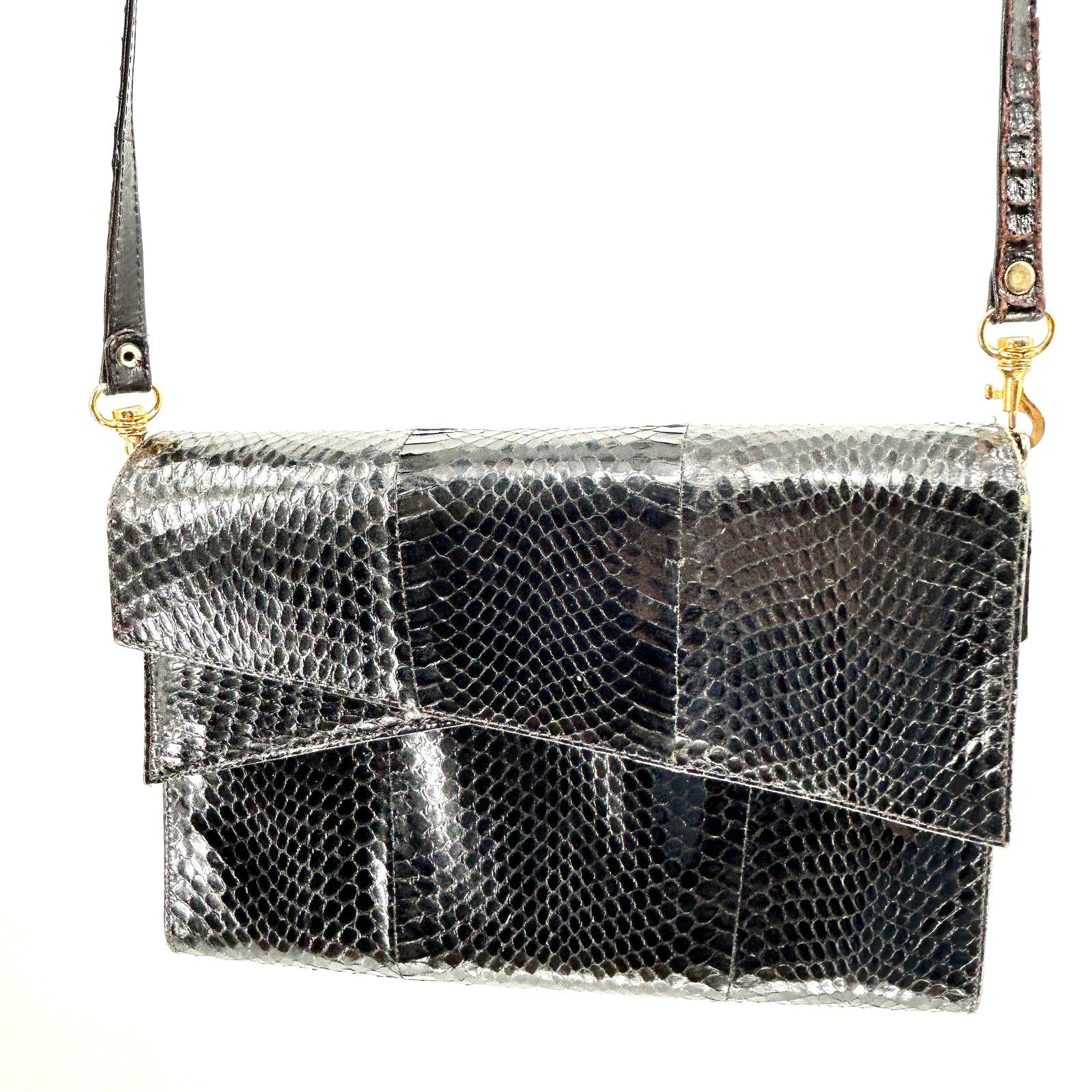 Vintage 80s Black Genuine Snakeskin Gold Hardware Crossbody Clutch