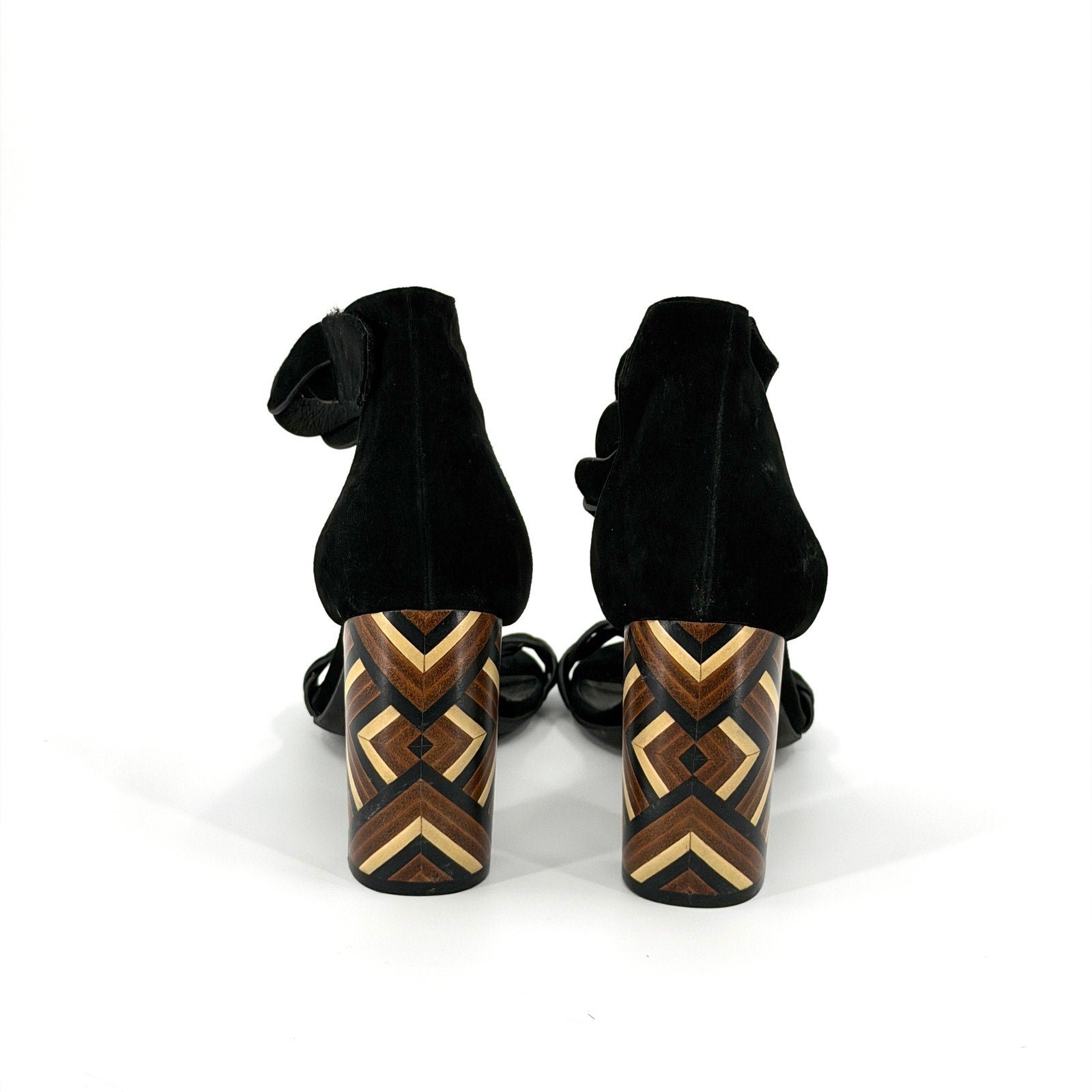 Jeffrey Campbell Black Suede Wood Inlay Geometric Block Heel Lindsay Sandals