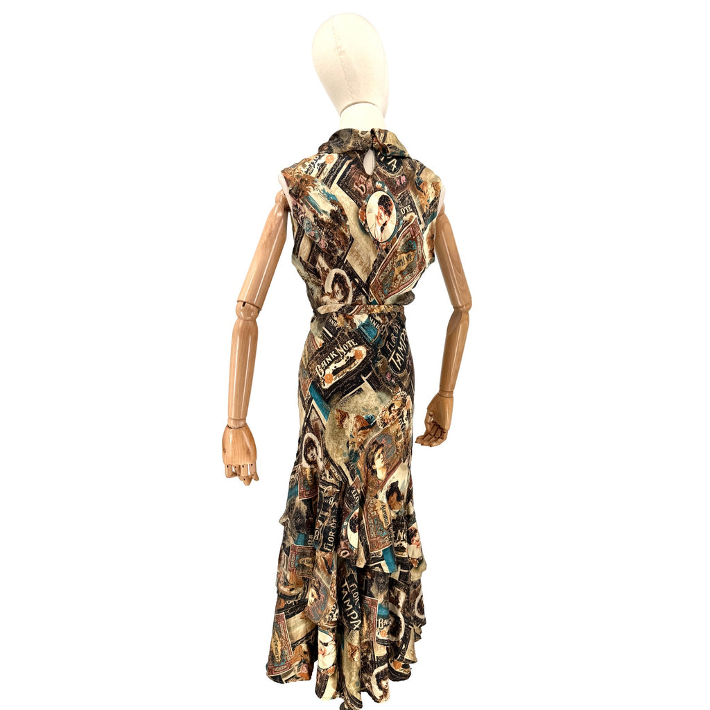 Vintage Y2K Double D Ranch Brown 100% Silk Ephemera Print Blouse Skirt Set