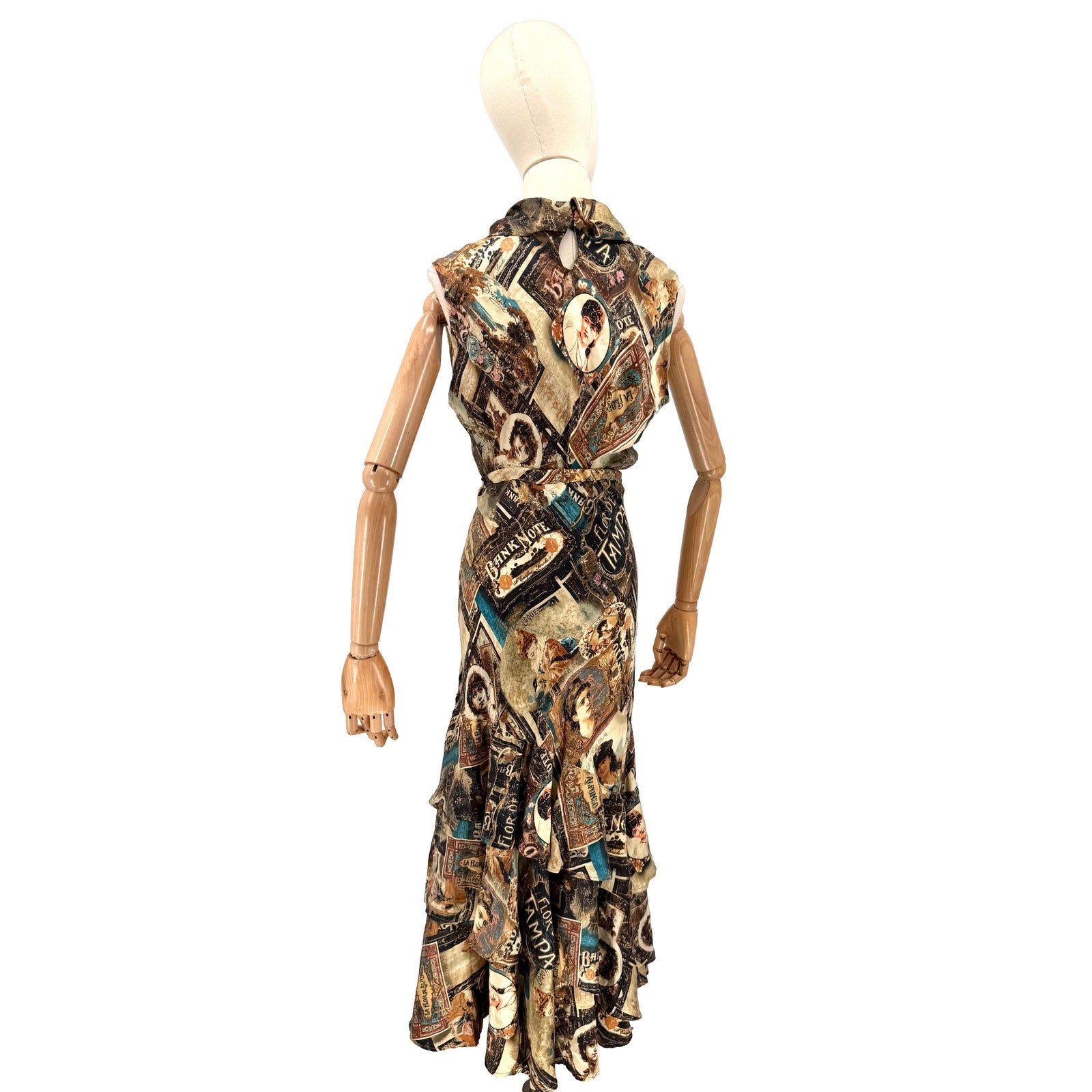 Vintage Y2K Double D Ranch Brown 100% Silk Ephemera Print Blouse Skirt Set