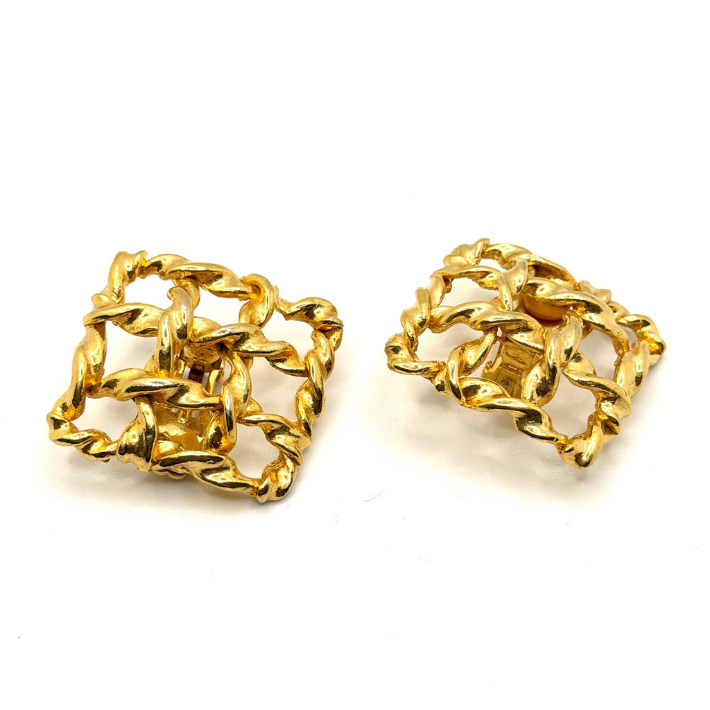 Vintage 80s Gold Tone Twisted Rope Lattice Square Grid Clip On Earrings