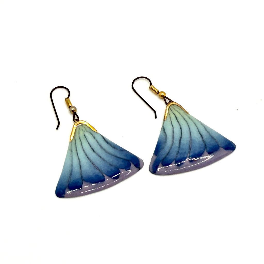 Vintage 90s Blue Purple Gradient Enamel Fan Dangle Earrings