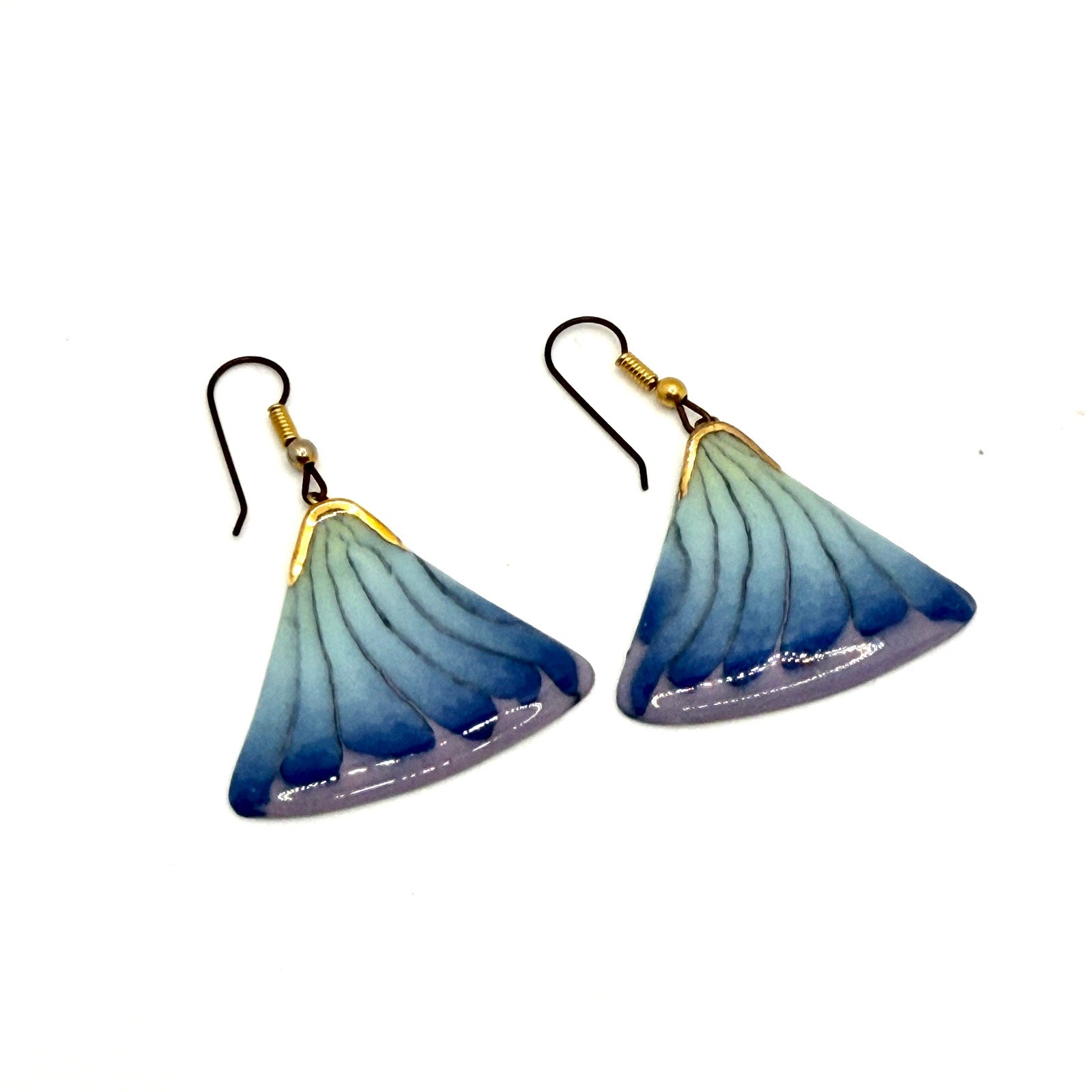 Vintage 90s Blue Purple Gradient Enamel Fan Dangle Earrings