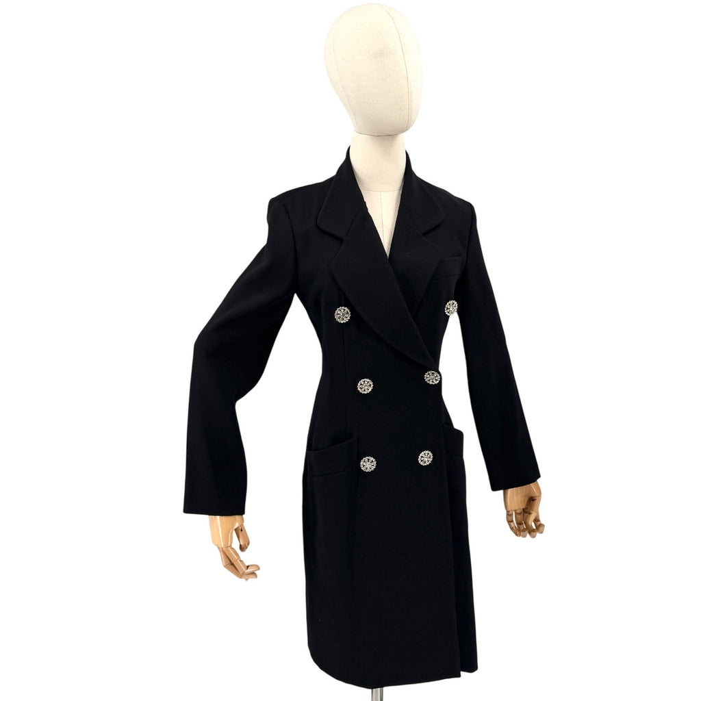 Vintage 90s Jaeger Black 100% Wool Rhinestone Button Wrap Coat Dress