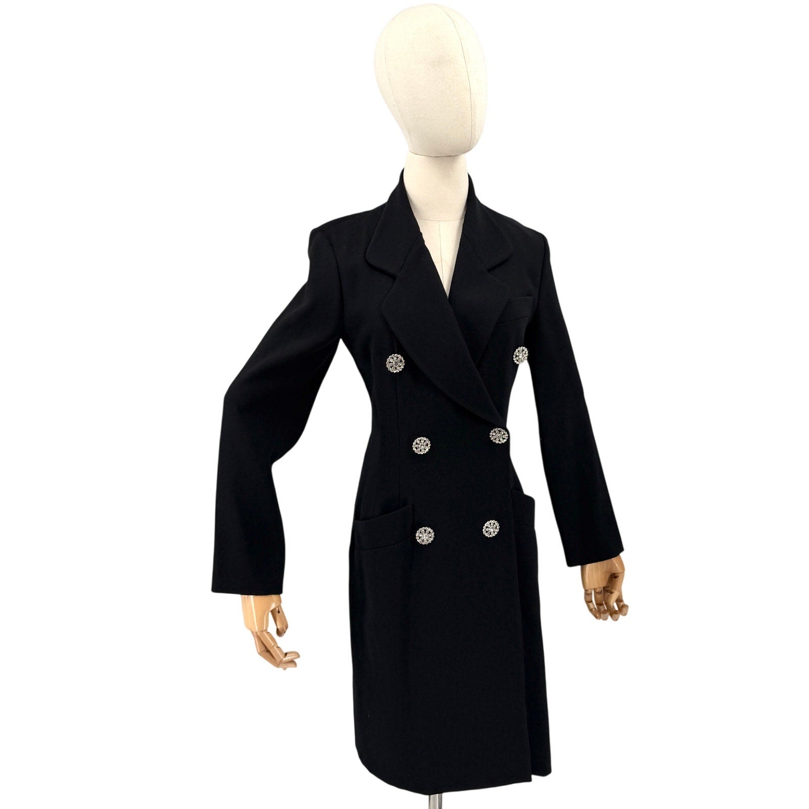 Vintage 90s Jaeger Black 100% Wool Rhinestone Button Wrap Coat Dress