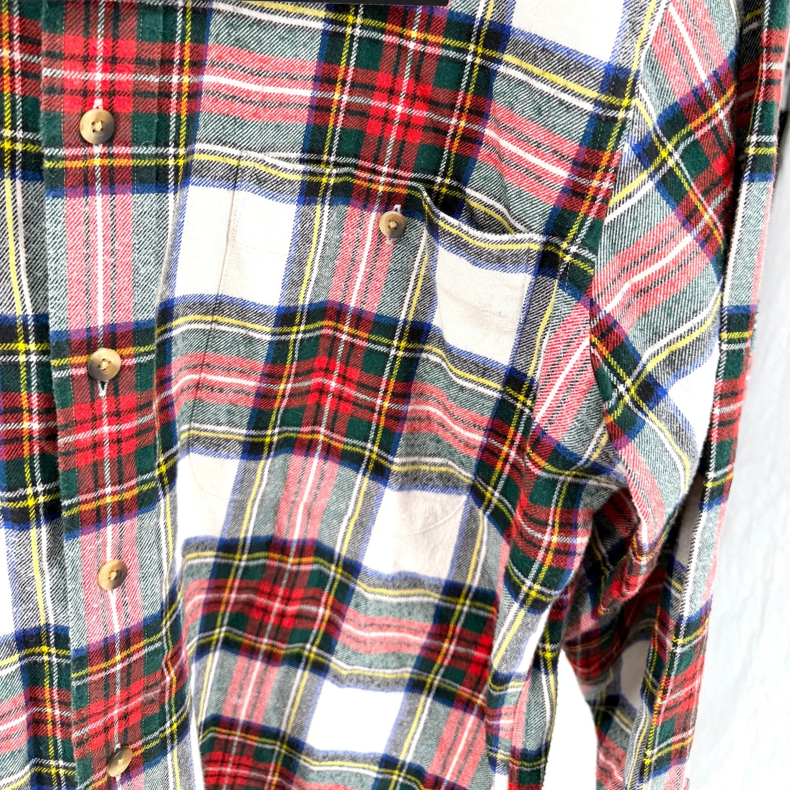 Vintage 90s Lands' End White Red Plaid 100% Cotton Button Down Flannel Shirt