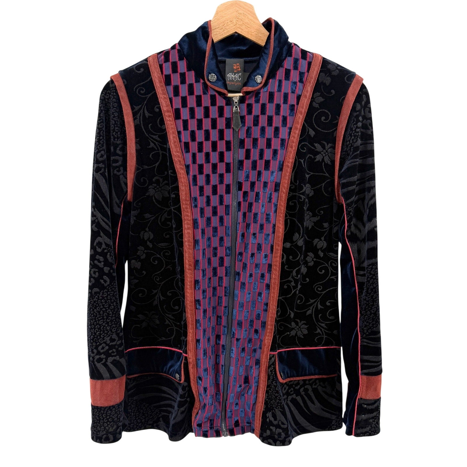 Vintage Y2K ANAC Midnight Blue Velvet Burnout Animal Print Zip Jacket