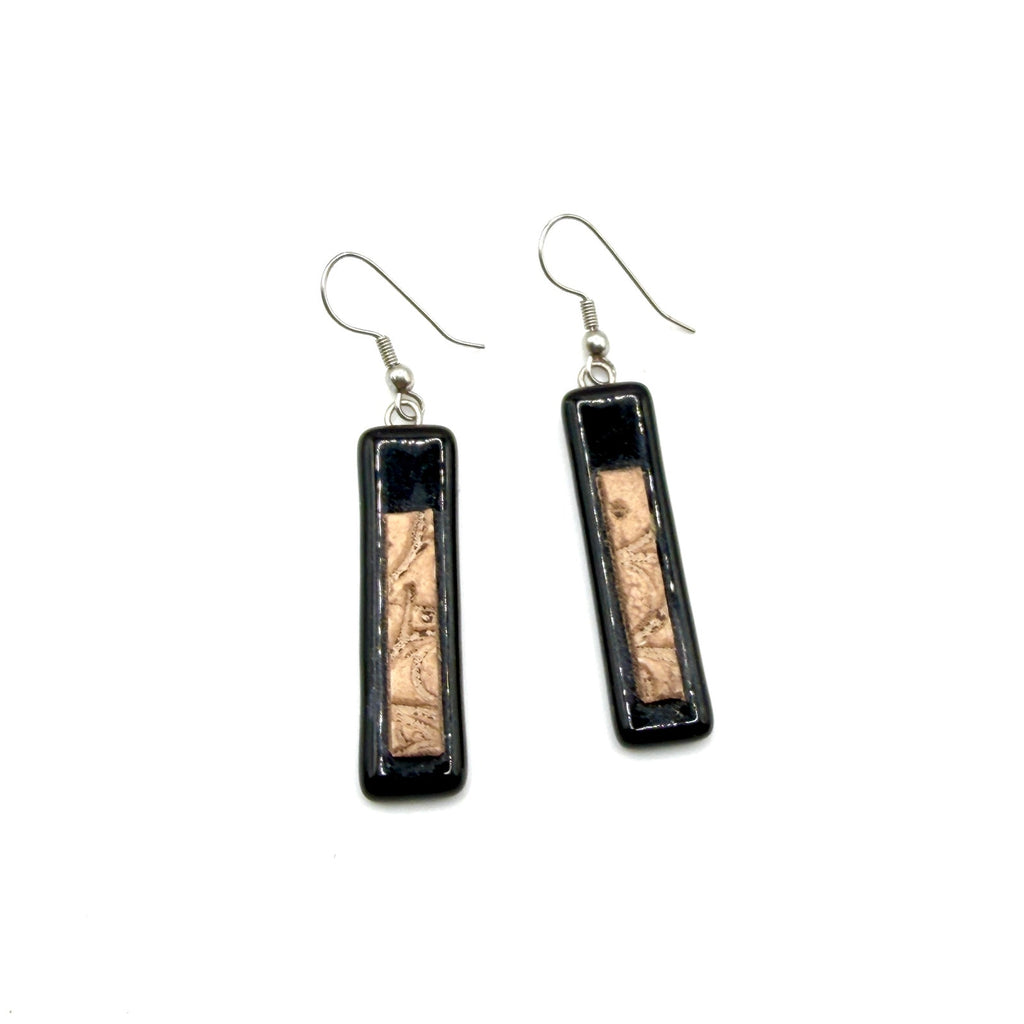 Vintage 90s Black Beige Fused Glass Clay Textured Inlay Rectangle Drop Earrings
