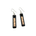 Vintage 90s Black Beige Fused Glass Clay Textured Inlay Rectangle Drop Earrings