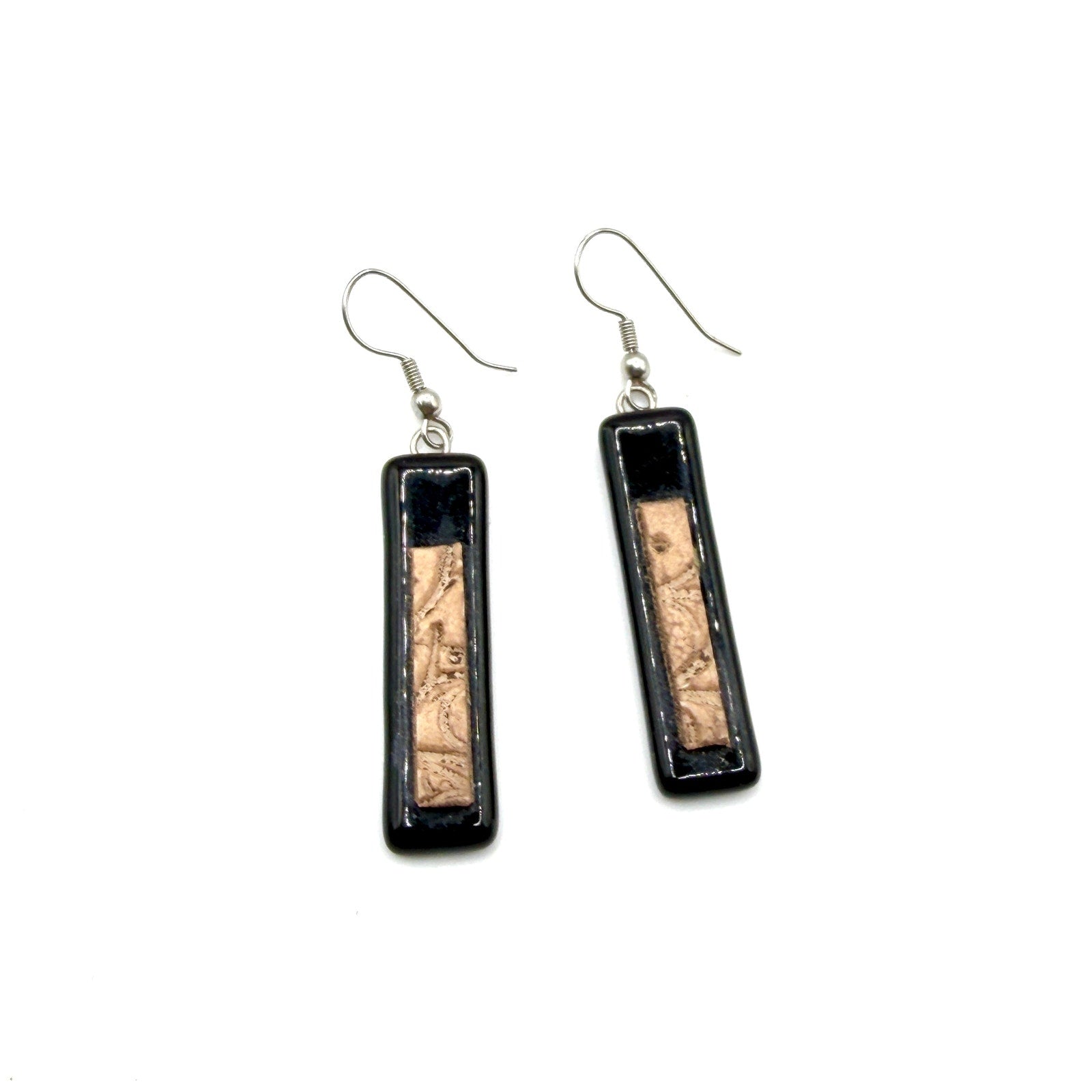 Vintage 90s Black Beige Fused Glass Clay Textured Inlay Rectangle Drop Earrings