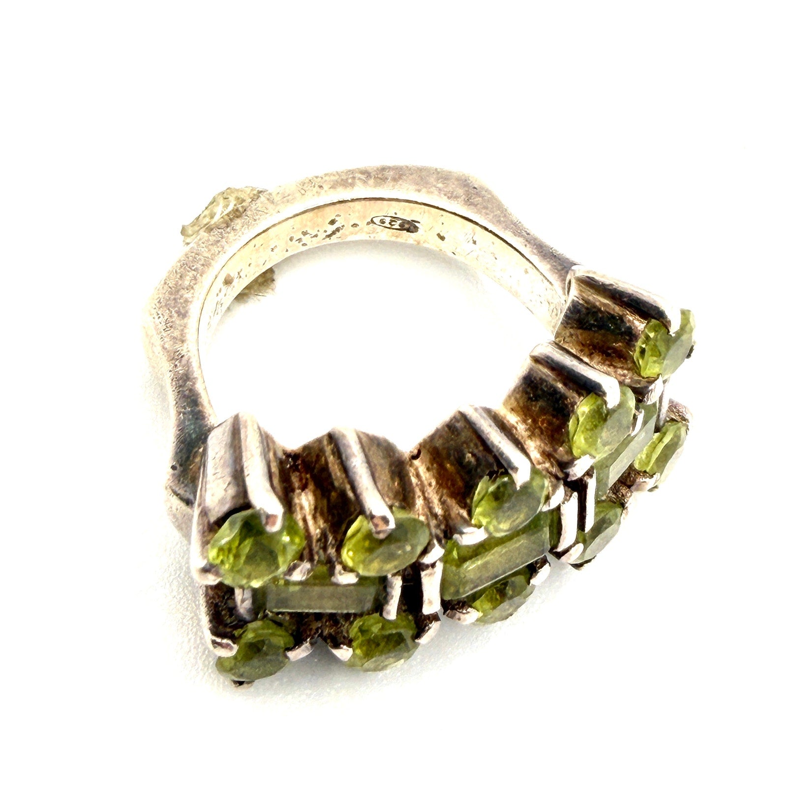 Vintage 90s Sterling Silver Stamped Peridot Triple Row Cluster Statement Ring
