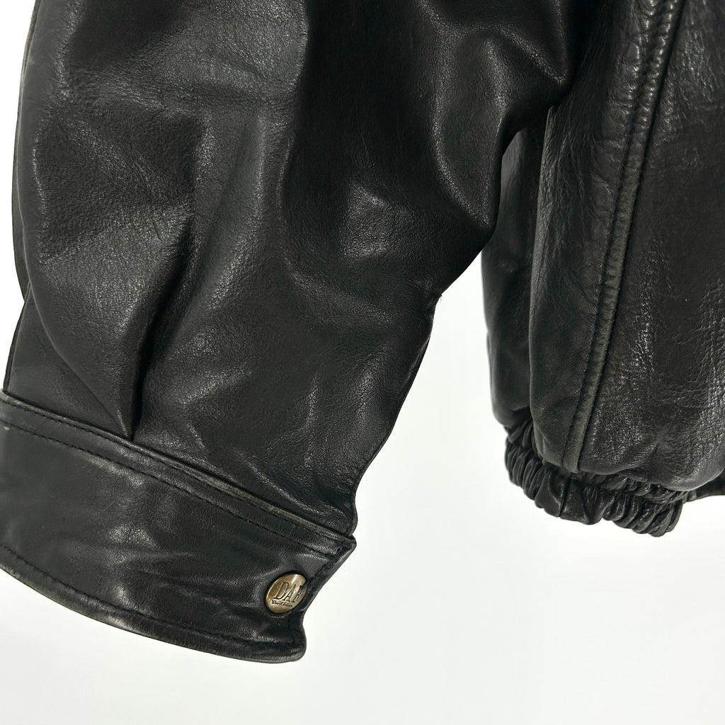 Vintage 90s DAF David Fahren Black Genuine Leather Hooded Bomber Jacket