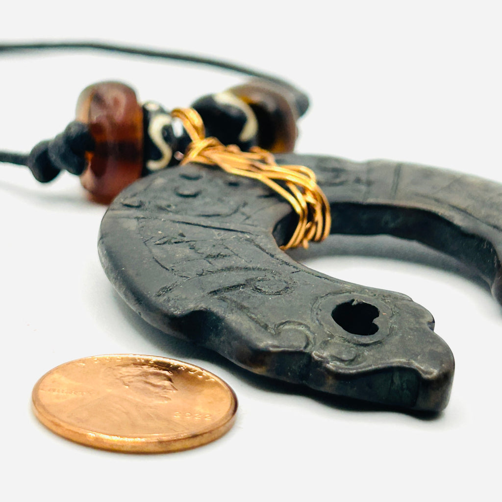 Handmade Copper Wrapped Chinese Stone Pendant Black Cord Necklace