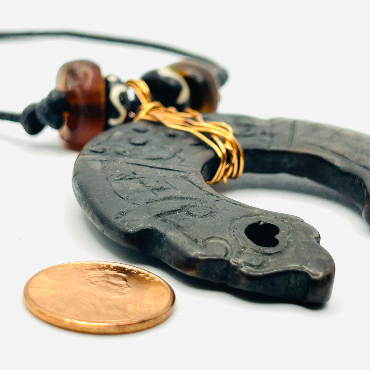 Handmade Copper Wrapped Chinese Stone Pendant Black Cord Necklace