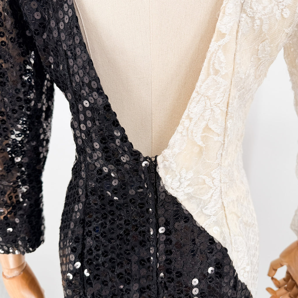 Vintage 80s Dave & Johnny Joseph Lara White Black Sequin Fringe Dress