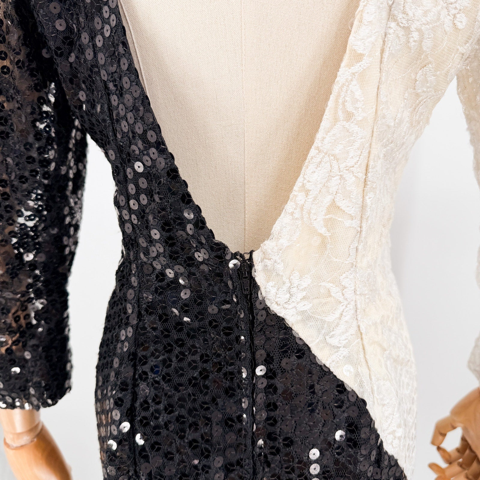 Vintage 80s Dave & Johnny Joseph Lara White Black Sequin Fringe Dress