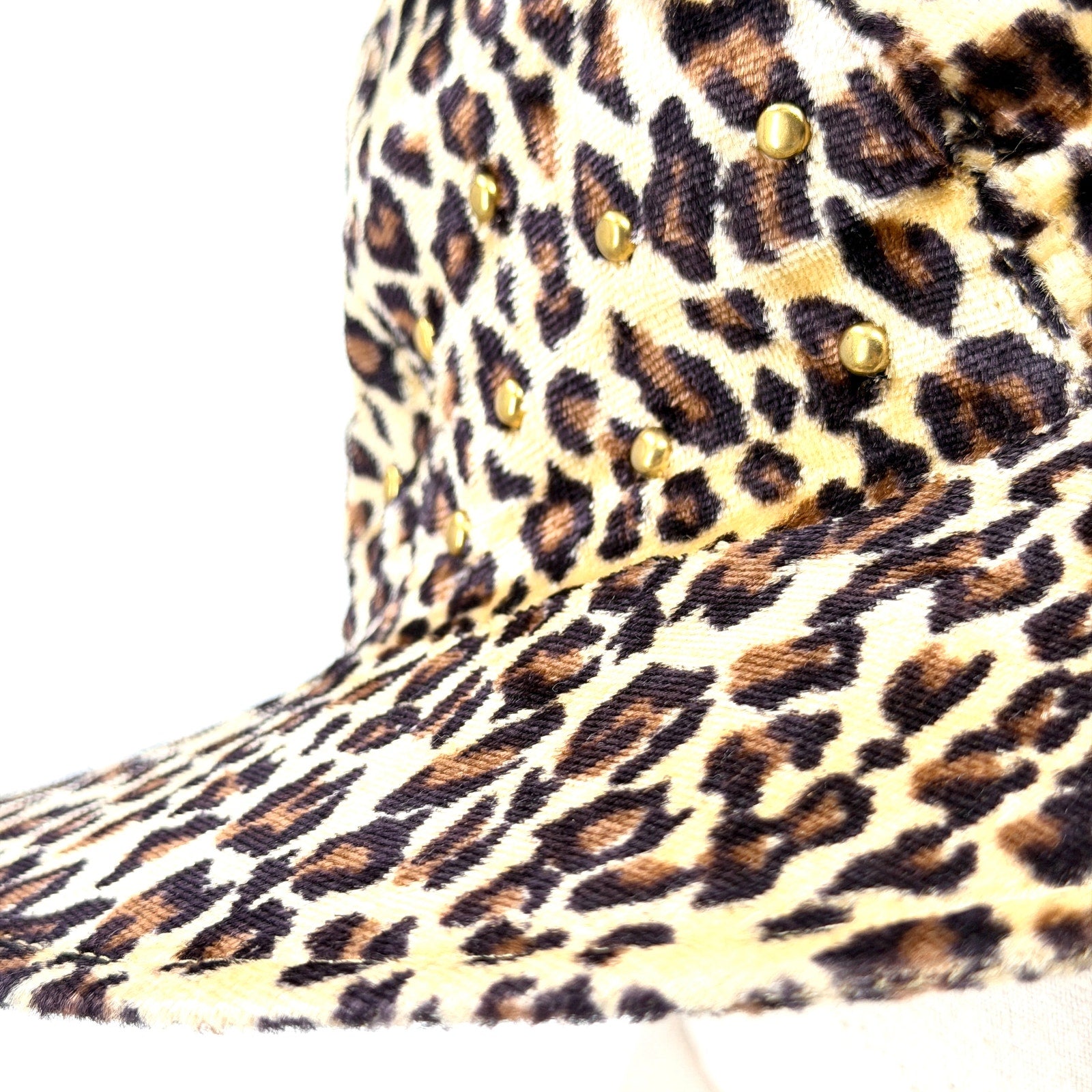 Vintage 90s Leopard Velvet Gold Studded Wire Brim Bucket Hat