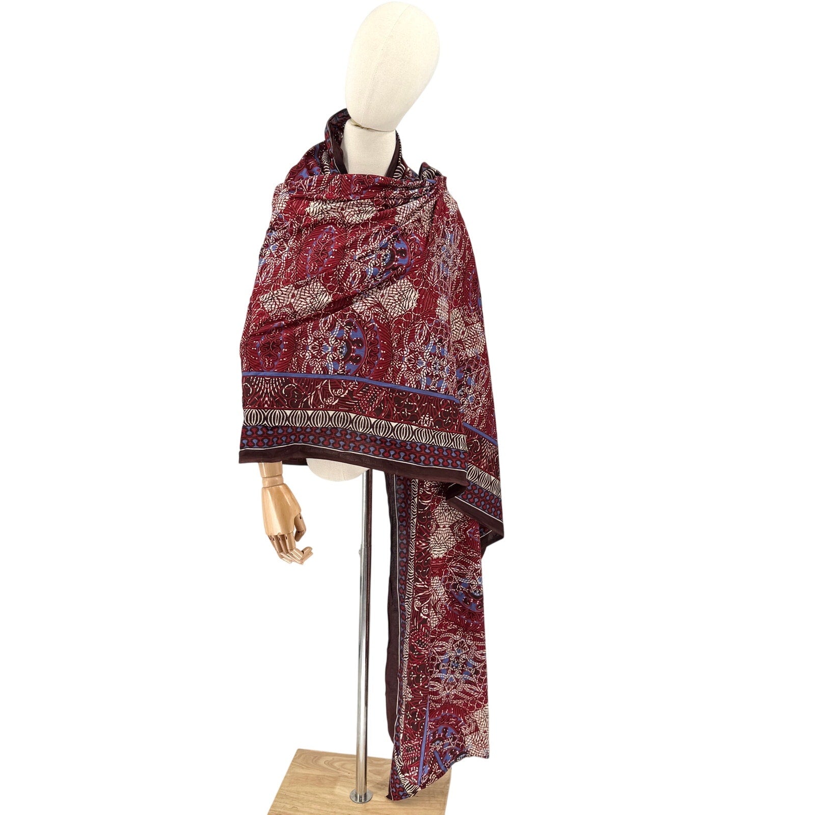 Vintage 90s Maroon Blue 100% Cotton Batik Geometric Boho Shawl Wrap