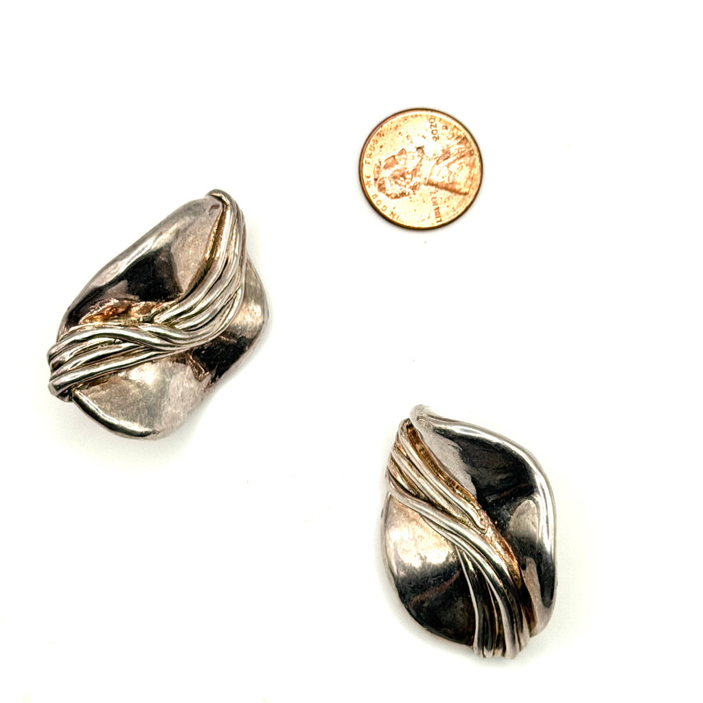 Vintage 80s Israel Sterling Silver Modernist Wavy Abstract Omega Back Earrings
