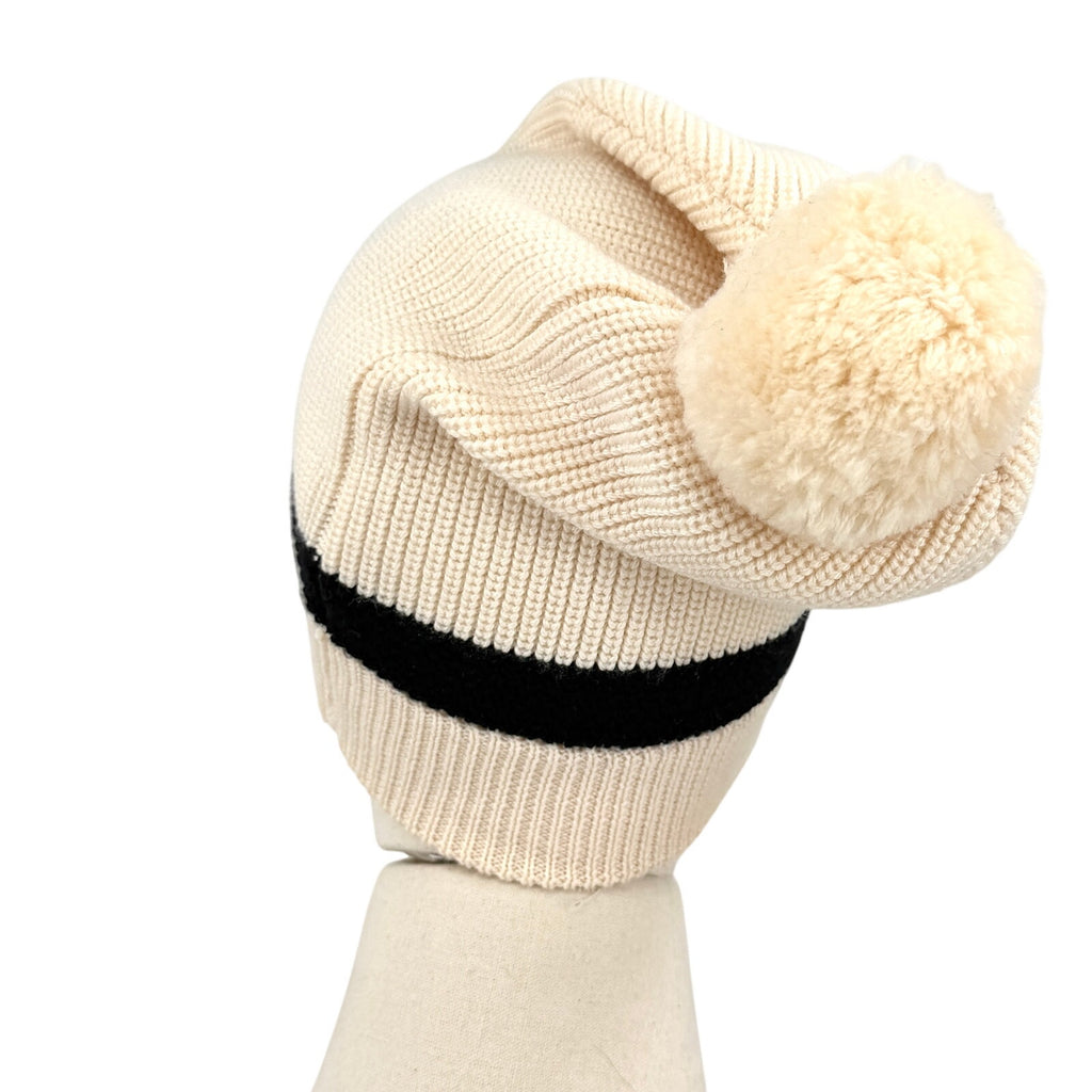Authier Cream Black Knit Stripe Pom-Pom Winter Hat Beanie