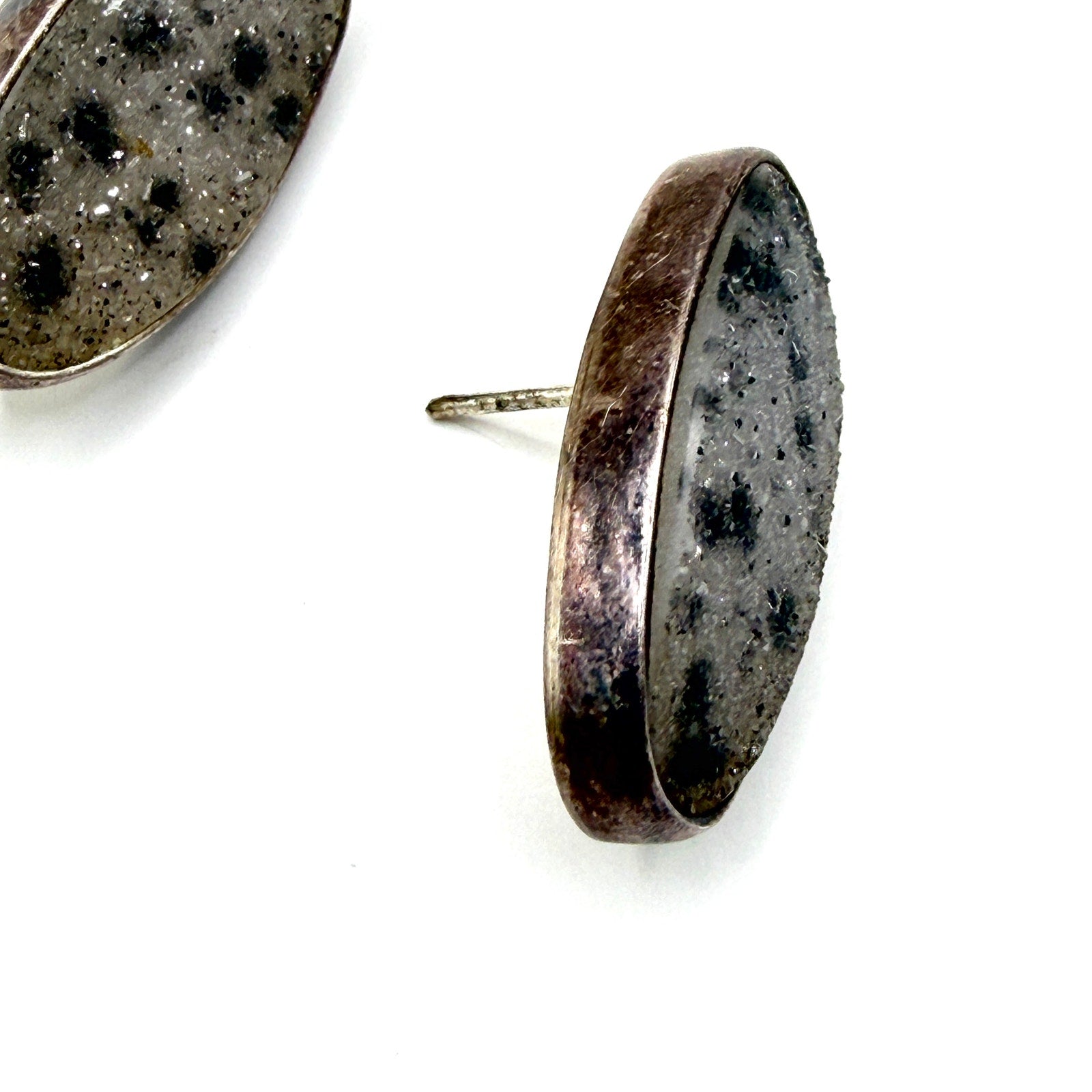 Vintage 90s Grey Black Stamped Sterling Silver Obsidian Druzy Oval Stud Earrings