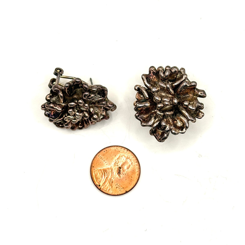 Vintage 80s Stamped Sterling Silver Israel Brutalist Flower Omega Post Earrings