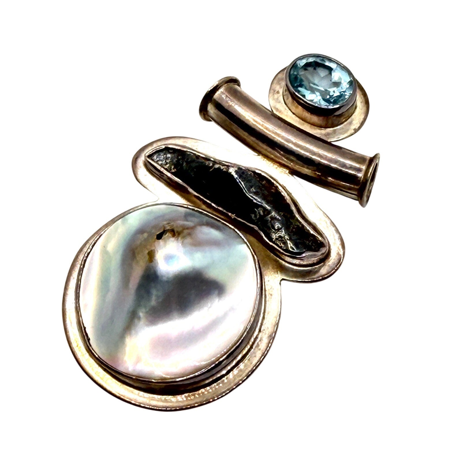 Vintage 90s Starborn Sterling Mother of Pearl Blue Topaz Tektite Slide Pendant