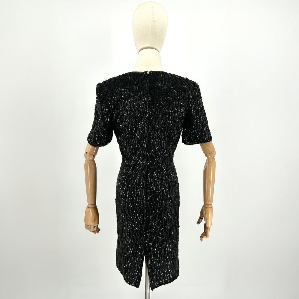 Vintage 80s Stenay Black Beaded Sequin Shoulder Pad Cocktail Dress