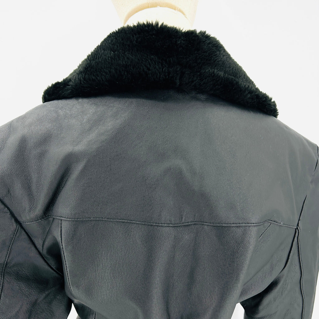 Vintage Y2K KC Collections Black Genuine Leather Faux Fur Trim Wrap Trench Coat