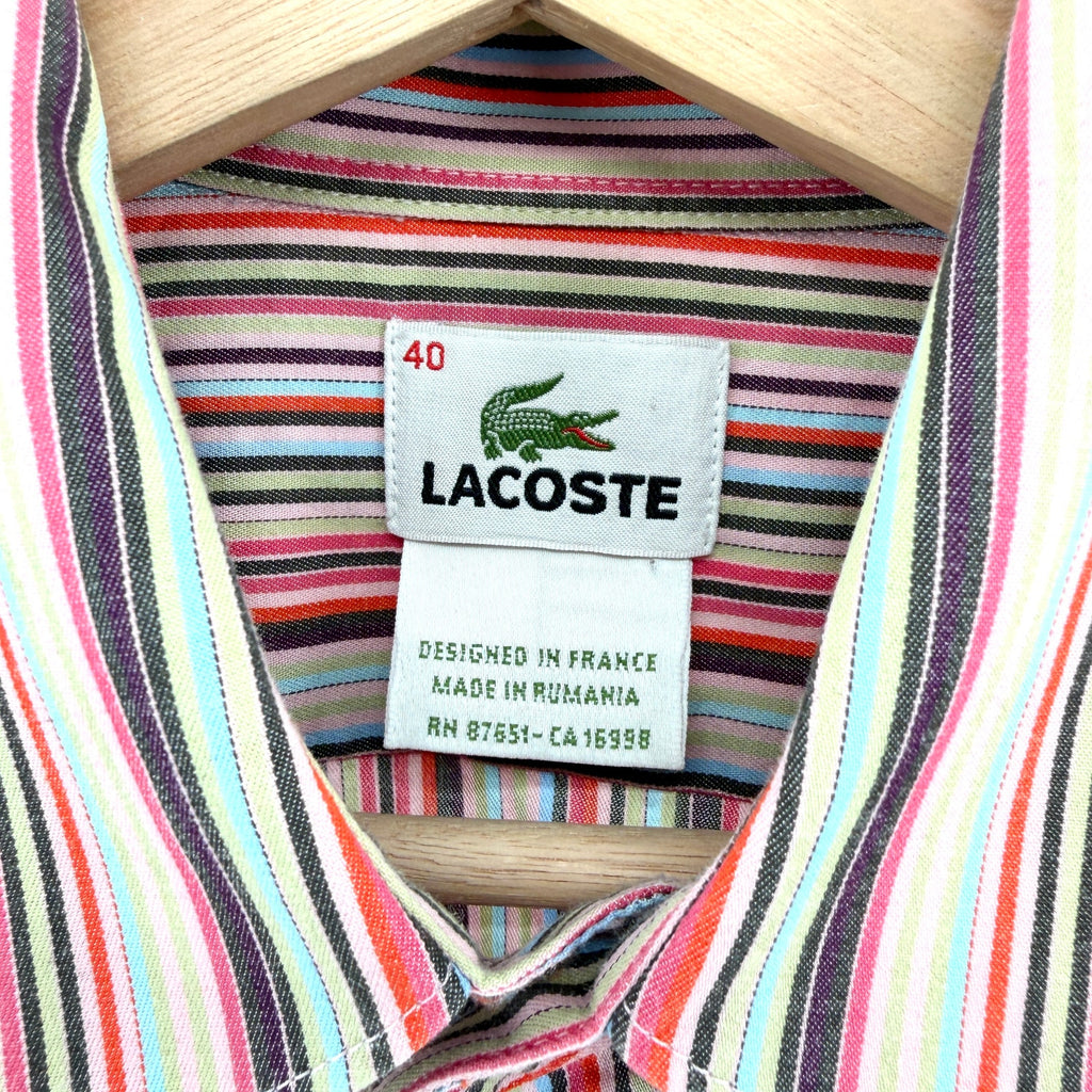 Lacoste Red Pink Striped Multi Color 100% Cotton Button Down Dress Shirt
