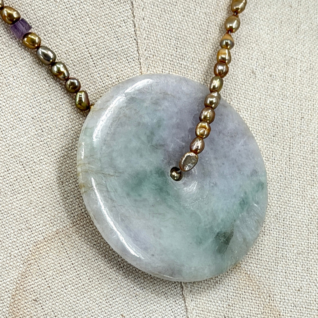 Vintage 90s Copper Tone Pearl Amethyst Ice Jadeite Disk Toggle Necklace