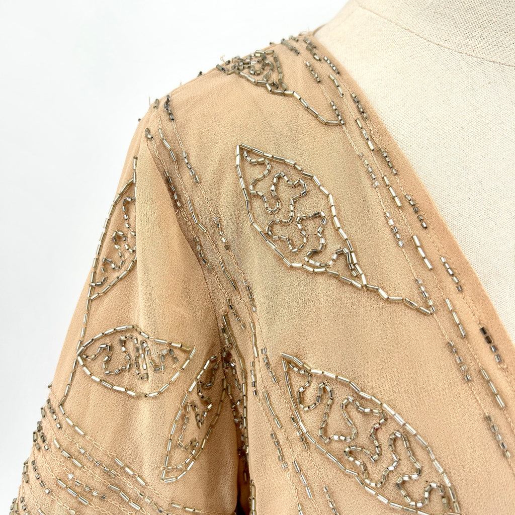 Greylin Nude Champagne Silver Bugle Bead Embellished Cocktail Jacket