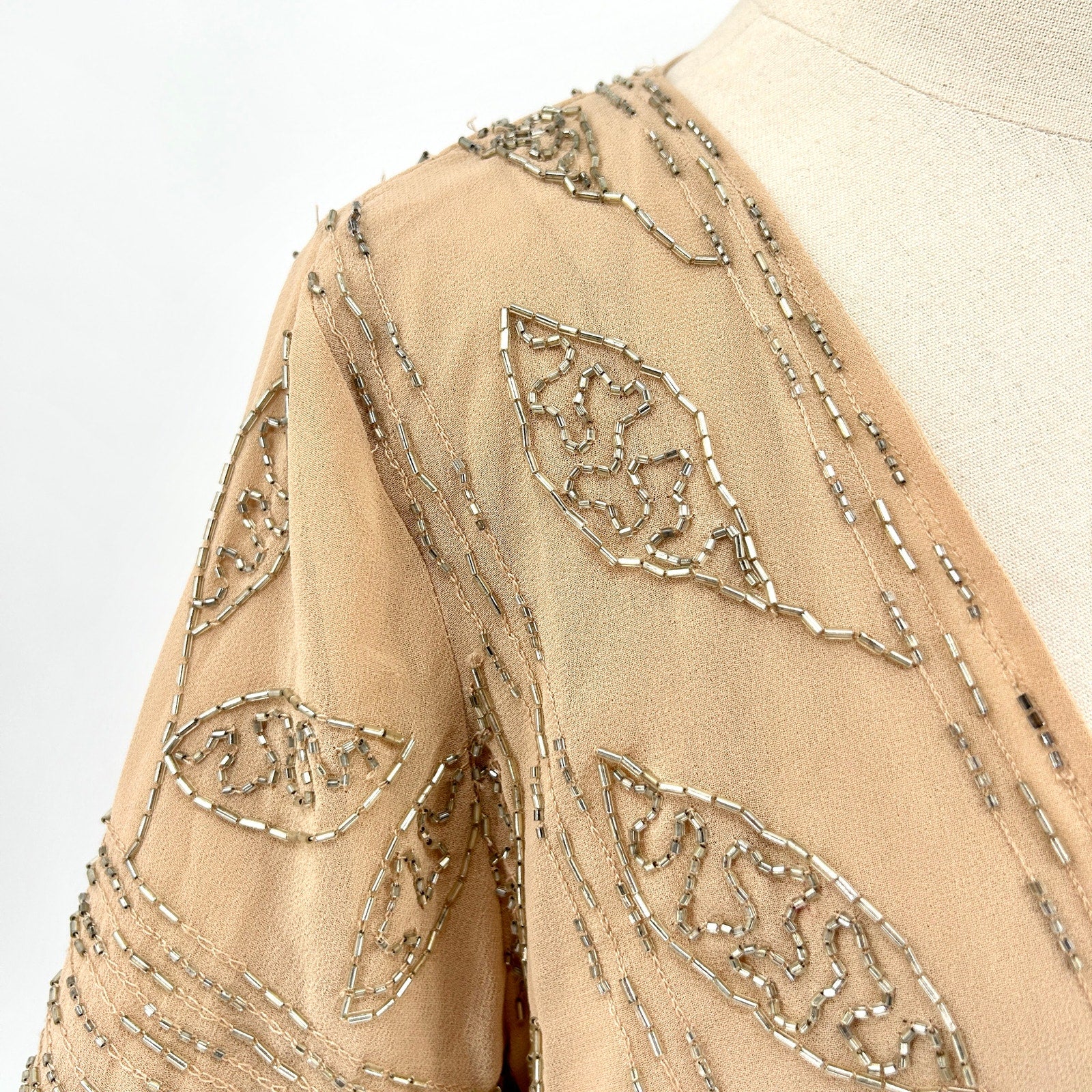 Greylin Nude Champagne Silver Bugle Bead Embellished Cocktail Jacket
