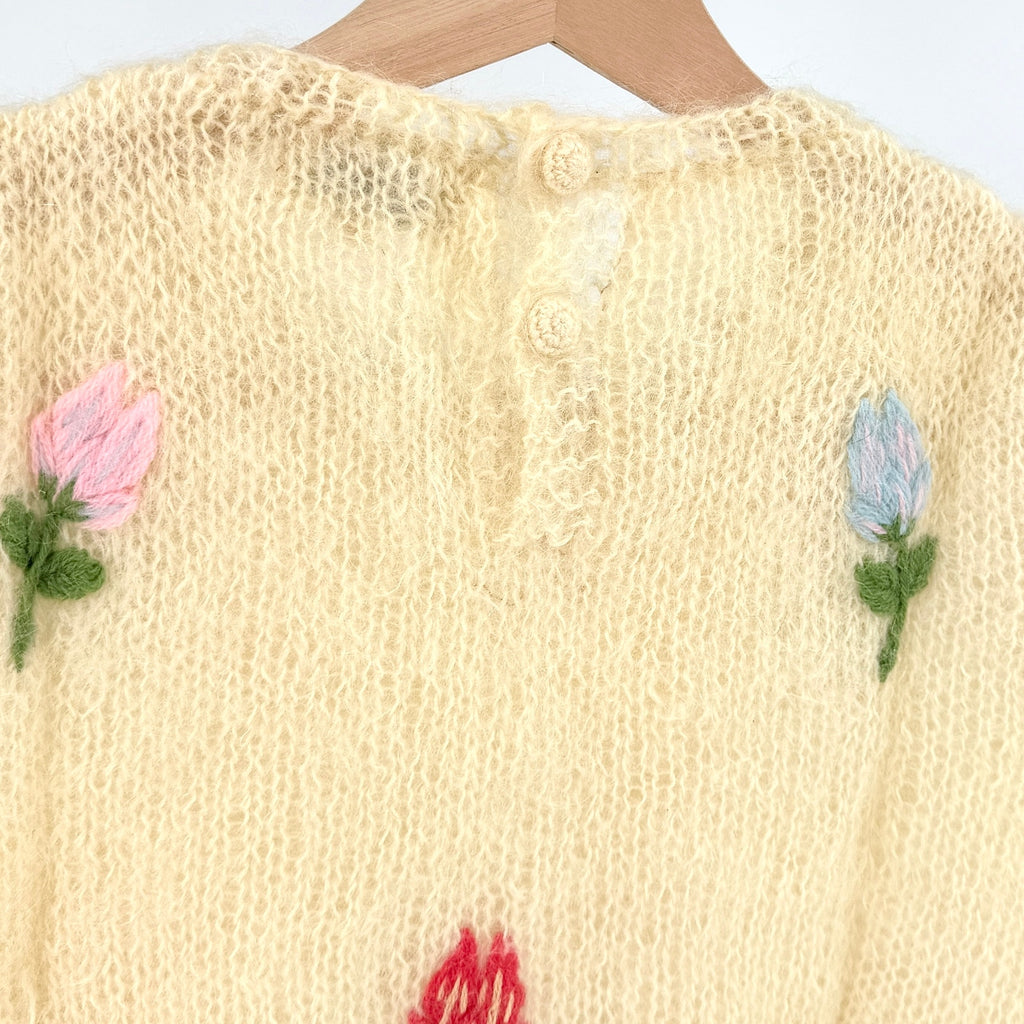 Vintage 70s Cyn Les Cream Floral Hand Knit Sleeveless Mohair Sweater Vest