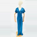 Vintage 80s Blue Nylon White Trim Wrap Retro Jumpsuit
