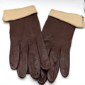 Vintage 70s Brown Genuine Leather Beige Cuff Trim Gloves