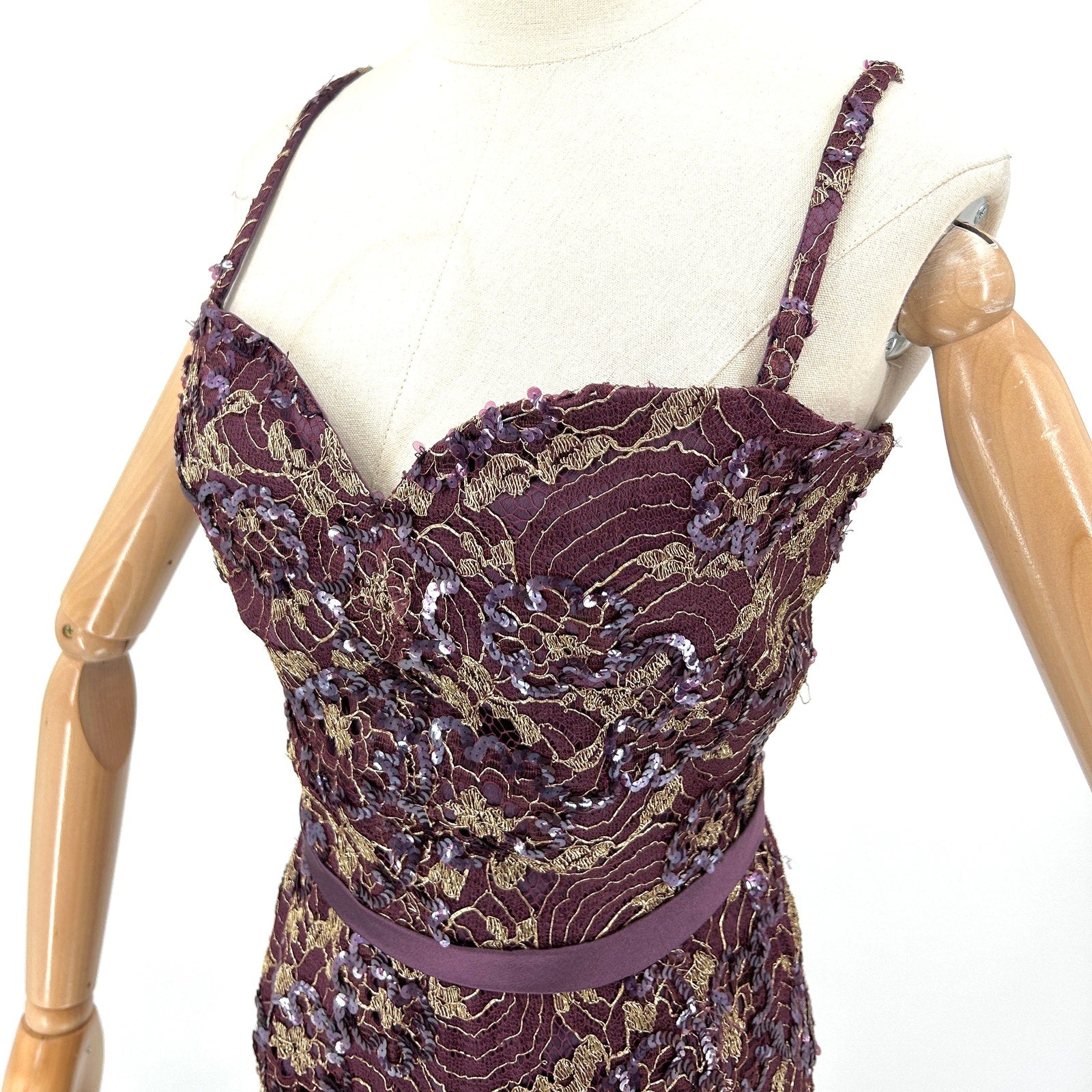 Vintage 90s Tosca New York Purple Gold Lace Silk Sequin Gown