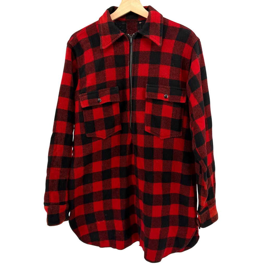 Vintage 60s 70s Red Buffalo Plaid Half-Zip 100% Wool Tunic Shirt