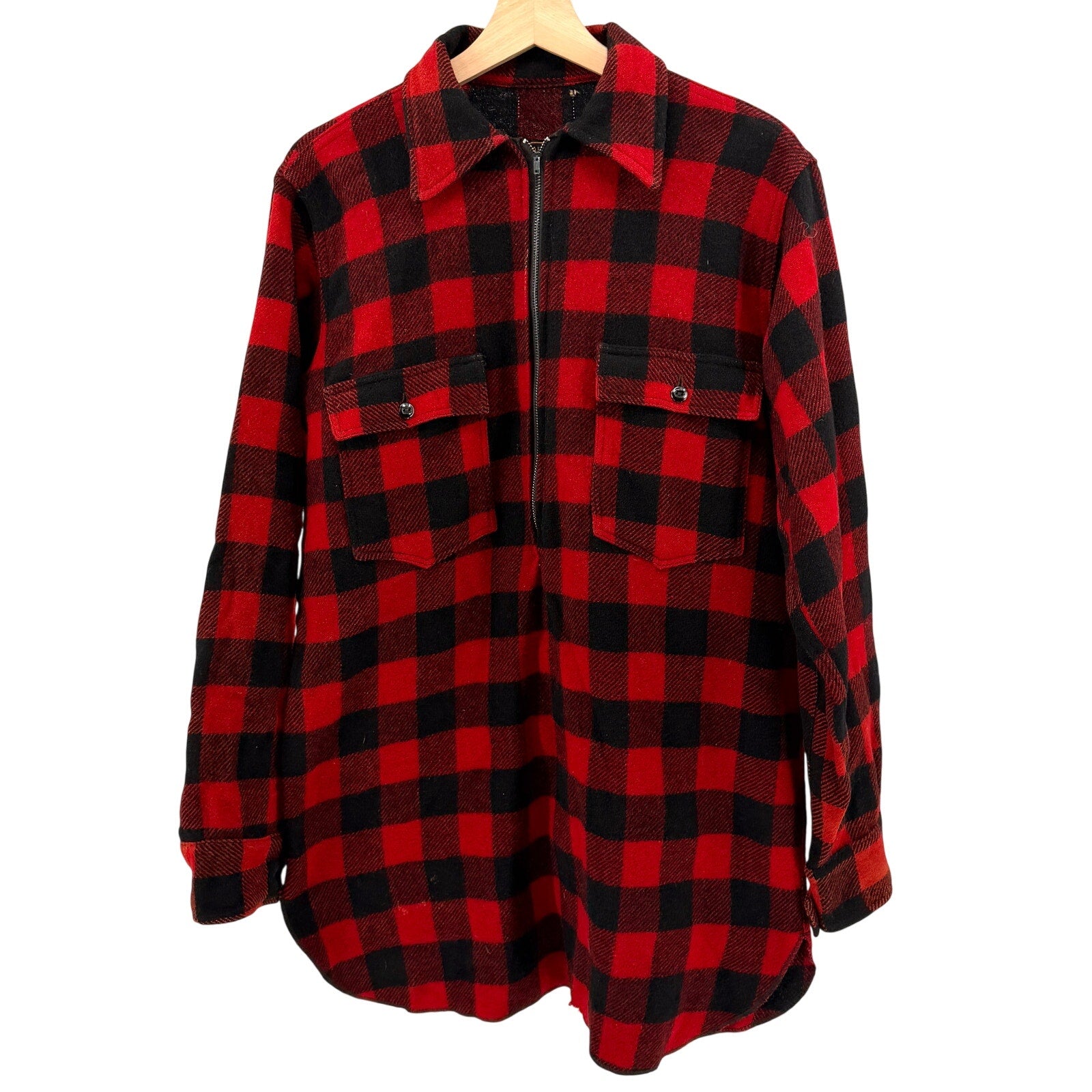 Vintage 60s 70s Red Buffalo Plaid Half-Zip 100% Wool Tunic Shirt
