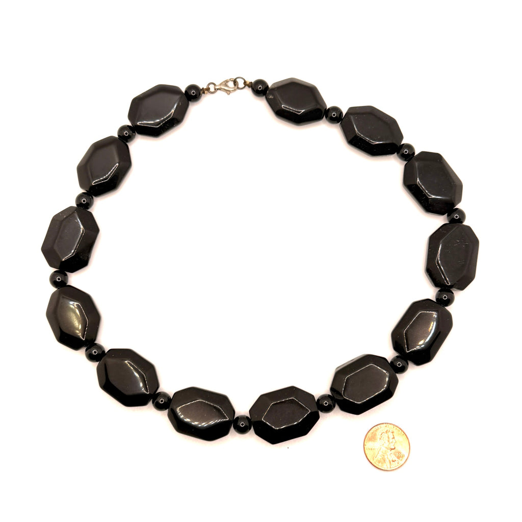 Vintage 90s Black Onyx Faceted Geometric Chunky Statement Necklace